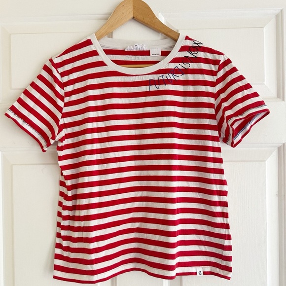 Desigual Y2K Striped Red and White Tshirt Future Is Now Stitching Embroidered M - Picture 1 of 6